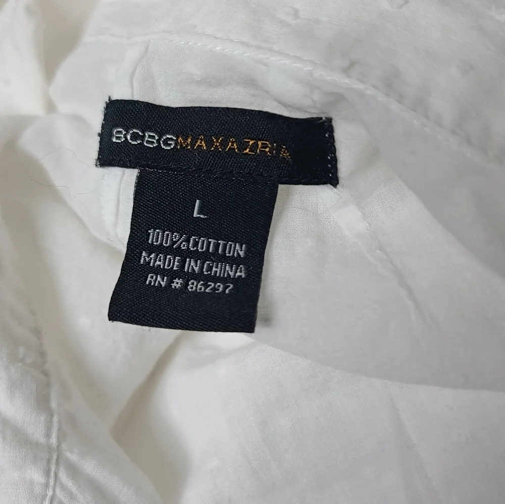 BCBGMAXAZRIA White Swiss Dot Ruffle Long Sleeve Button Down Blouse L - Picture 7 of 8